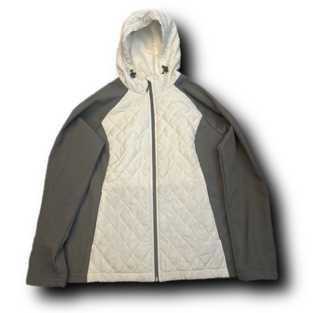 Women’s pearly white puffy jacket with a gray sleeve color size 12-14